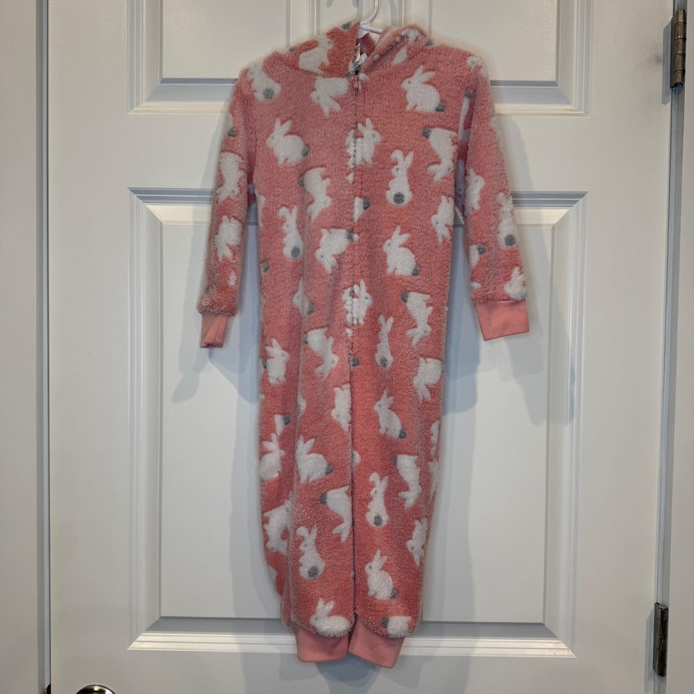 Laura Ashley Girls Pink Bunny Fleece Hooded Pajama Jumpsuit Sleepsuit Size 3T